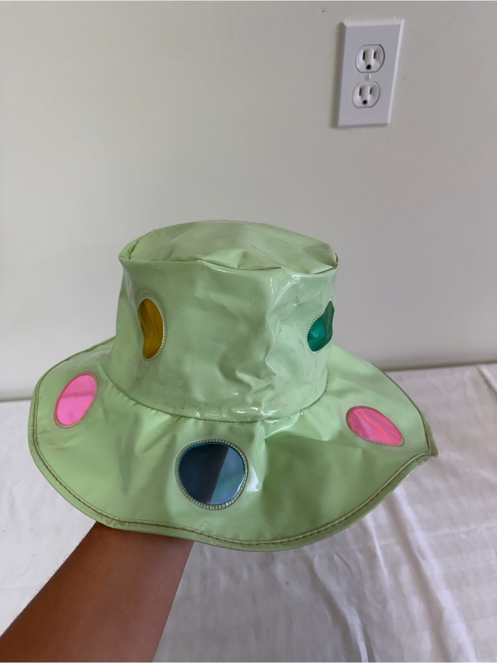 1970s Light Green Vinyl Bucket Hat with Colorful Porthole Accents